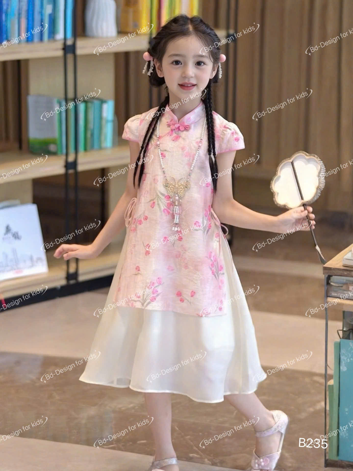 Áo dài sườn xám tết cho bé gái mẫu Hoa mùa xuân xinh xắn từ 12-46kg hàng thiết kế cao cấp