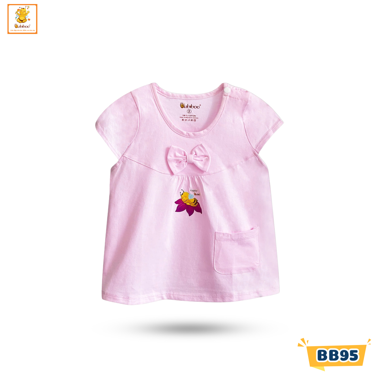 Áo sơ sinh bé gái Babiboo áo tay bèo nơ dễ thương , vải cotton dầy dặn mịn màng BB95