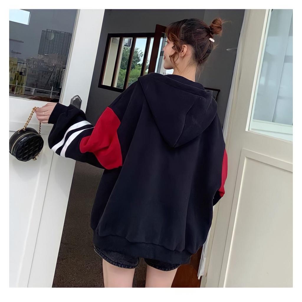 Áo Hoodie Nỉ Nam Nữ Tay Phối Màu 2 Sọc Logo Ngực