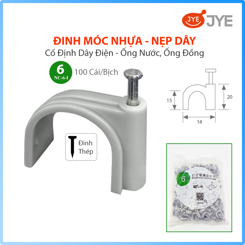 Đinh Móc Nhựa JYE (NC-6-I) 100 Cái/Bịch, Nẹp Đinh Ghim Cố Định Dây Điện, Đinh Móc Ống Đồng Điều Hòa - Ống Nước, Đinh Bằng Thép Chắc Chắn, Nhiều Size Lựa Chọn