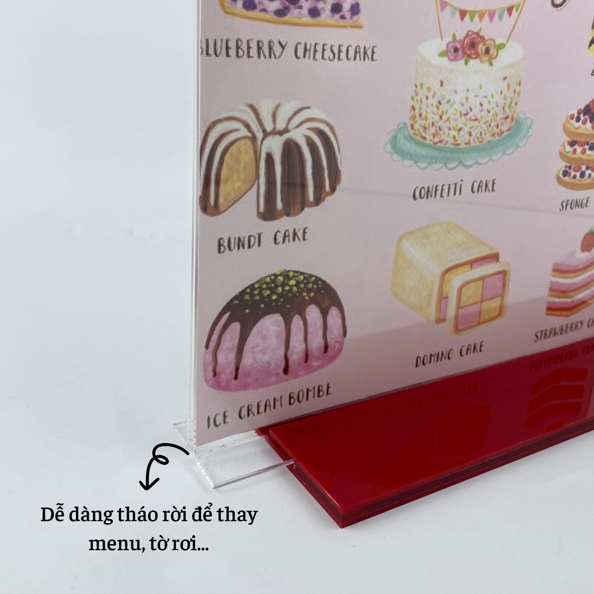 Kệ menu nhà hàng, Standee mica để bàn, Bảng quét mã QR Code, Kệ mica 2 mặt Enter E06 210x300mm đế lùa A4