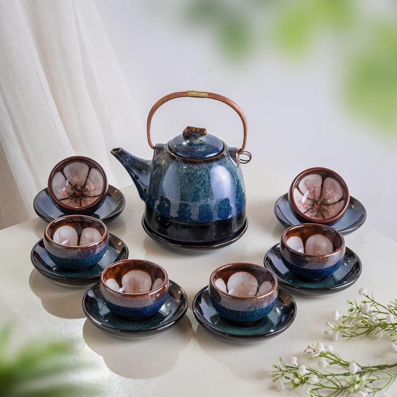 Bộ ấm chén lòng hoa, men hỏa biến. Gốm sứ Bát Tràng.