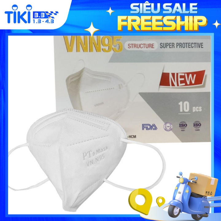 Hộp 10 Cái Khẩu Trang VNN95 PT Mask, 5 Lớp, kháng Khuẩn, Chống Bụi Siêu Mịn PM2.5, Màu Trắng - Đạt Các Chứng Chỉ ISO 13485, ISO 9001, CE, FDA, TGA.