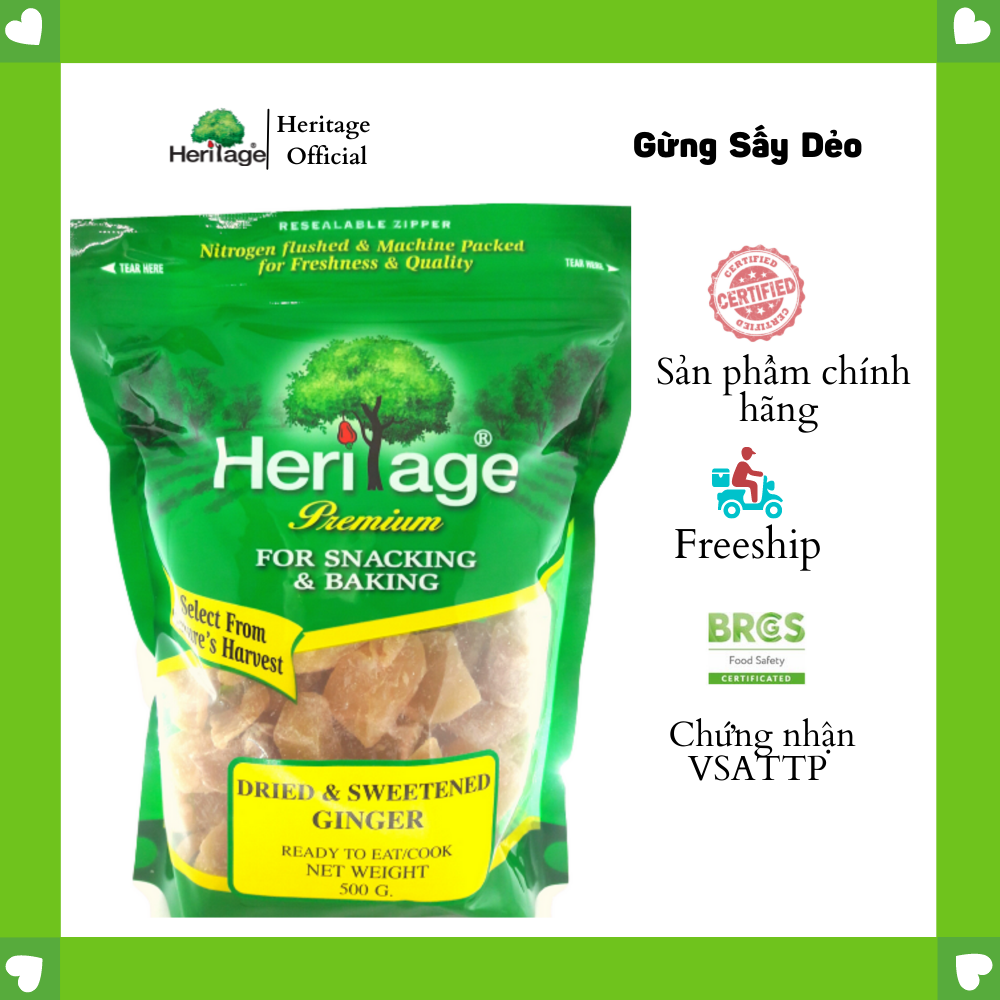 Gừng Sấy Dẻo Heritage Thái Lan gói 500gr- DRIED &amp; SWEENTENED GINGER