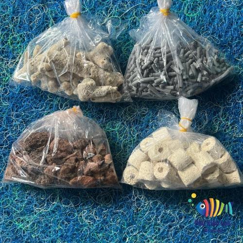 Combo 500gr 4 Loại Vật Liệu Lọc Hồ Cá: Than Hoạt Tính - Sứ Trắng - San Hô - Nham Thạch
