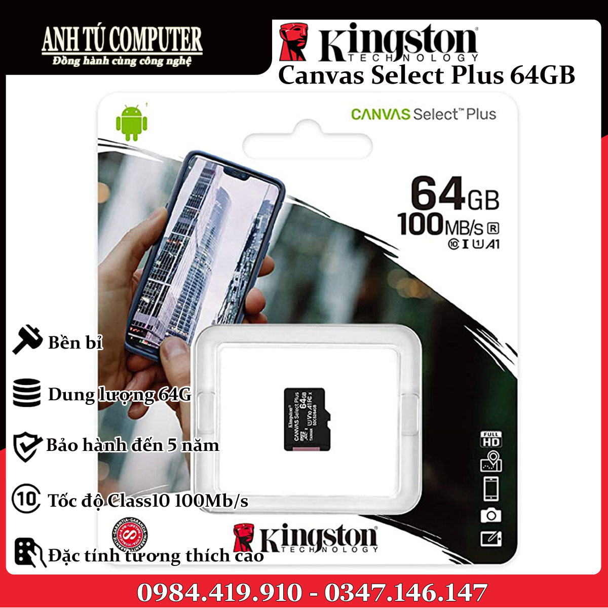 Thẻ Nhớ Kingston 64GB Micro SD Class 10 SDCS2/64GBSP hàng chính hãng