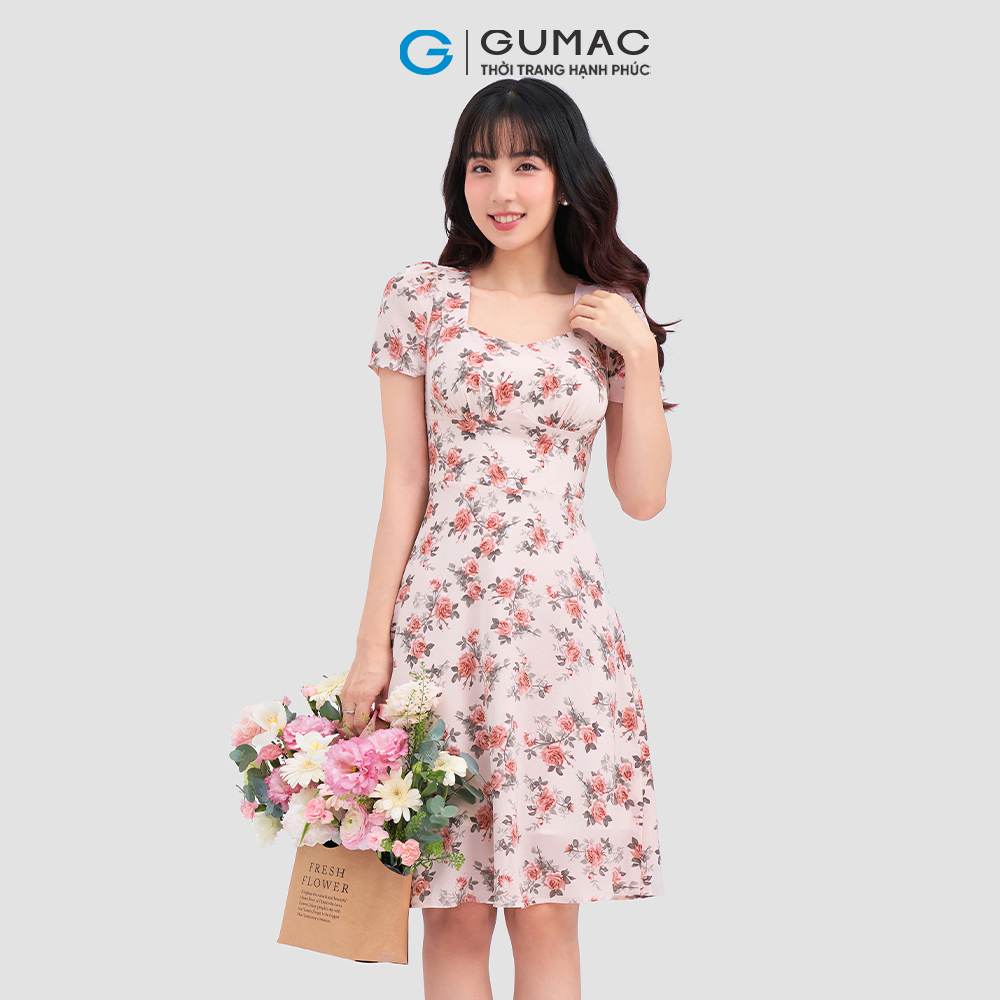 Đầm dáng xòe GUMAC DC12009 họa tiết hoa lưng kiểu