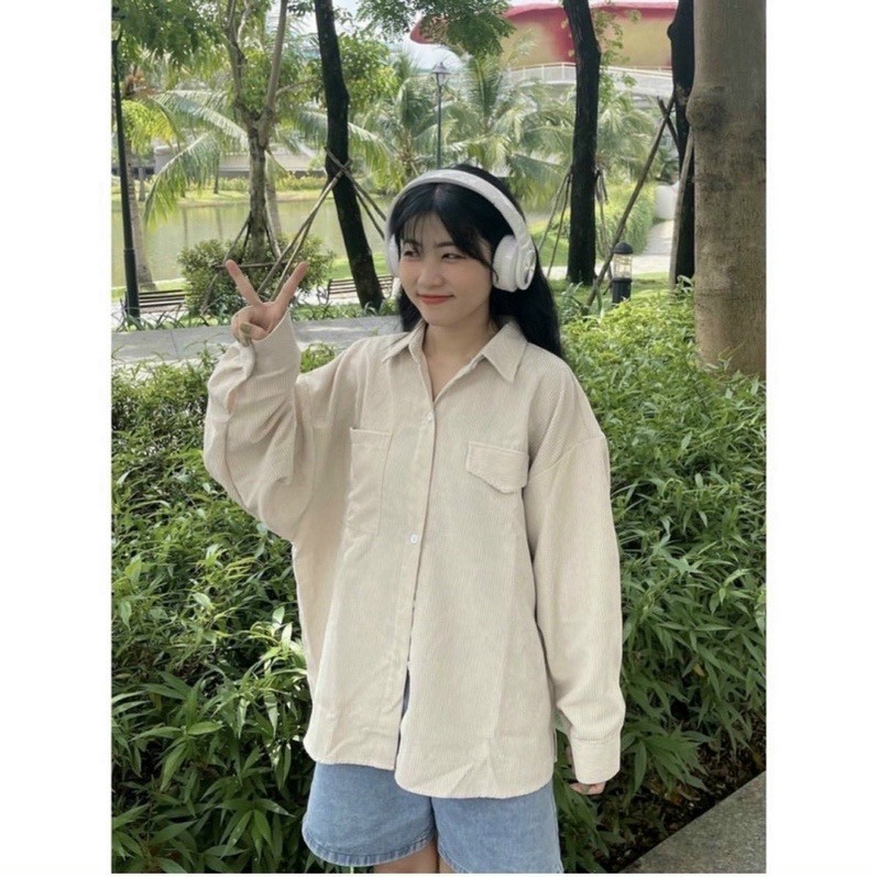 sơ mi ulzzang áo sơ mi nữ áo kiểu dáng Hàn Quốc sơ mi nhung rộng, Áo Sơ mi Nam Nữ Unisex vải Nhung Gân áo khoác sơ mi form rộng ảnh thật