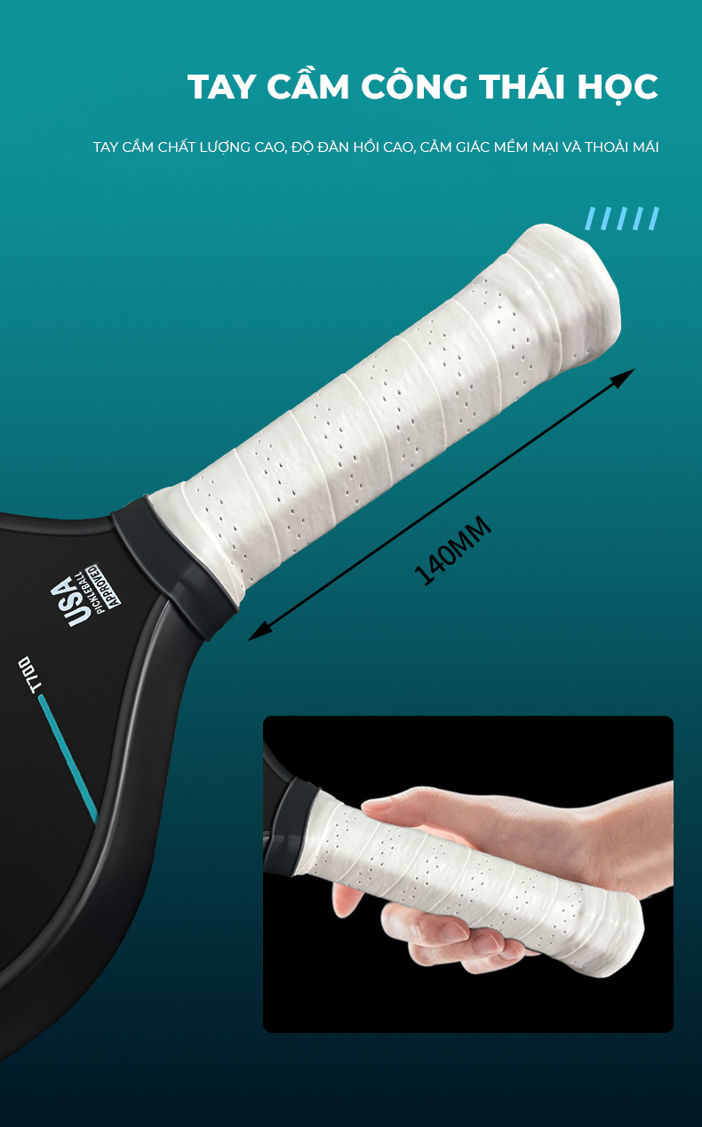 Vợt Pickleball Carbon T700 Pro mặt vợt phủ cacbon, khối lượng siêu nhẹ mặt nhám bám bóng 16mm - PK07
