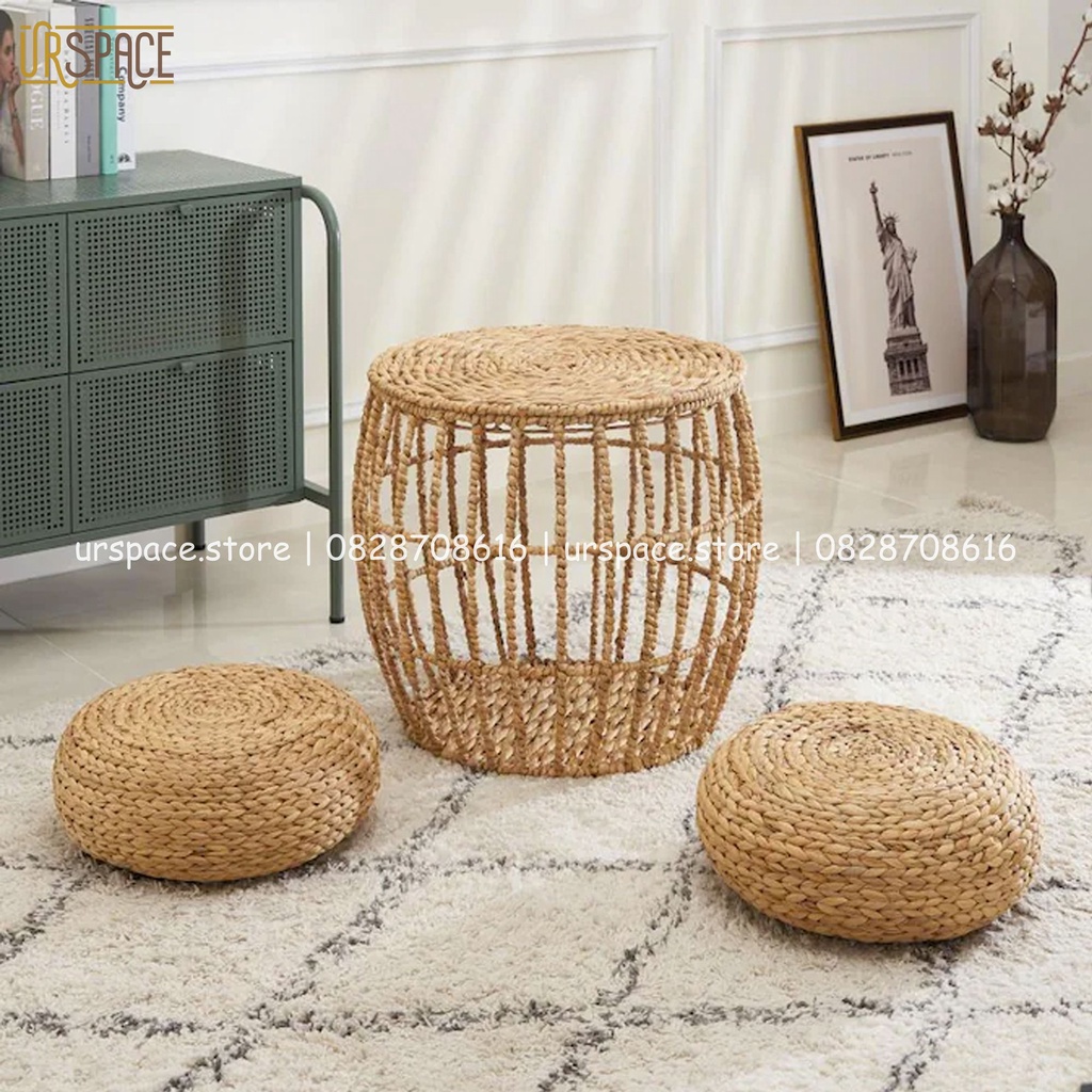 Bàn trà và 2 đôn ngồi thấp bằng lục bình phong cách tối giản/ Hand-Woven Water Hyacinth Low Seating Stool &amp; Table