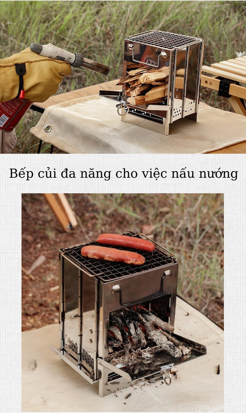 Bếp nướng gấp gọn ngoài trời bằng thép không gỉ có túi đựng bếp sưởi lửa cắm trại BBQ bếp nướng than CLS