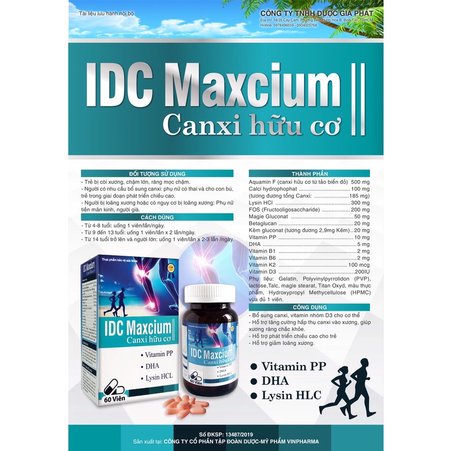 Canxi hữu cơ IDC Maxcium hỗ trợ phát triển chiều cao, giảm còi xương hữu cơ, hộp 60 viên