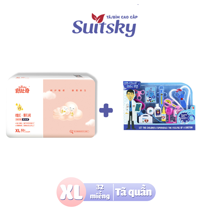 [Tặng bồ đồ chơi Bác sĩ - giao màu ngẫu nhiên] Tã Quần Suitsky Vitamin E nội địa Trung size XL32 cho bé từ 12-17KG (32 miếng)