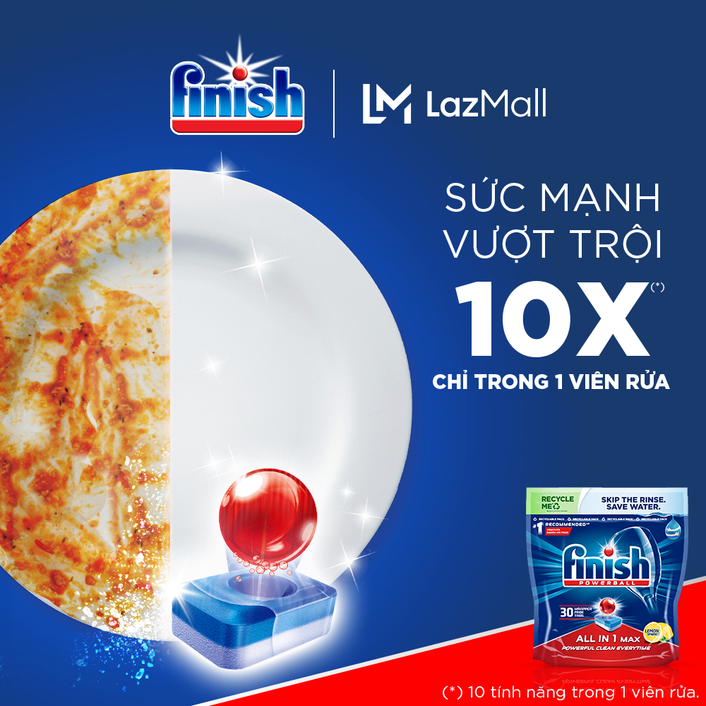 Combo 04 túi Viên Rửa Chén Bát Hương Chanh Finish Powerball All In 1 Max Lemon Sparkle 30 viên