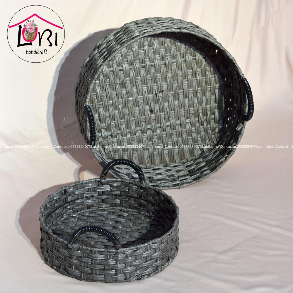 Lubihandicraft - Khay tròn đựng đồ đan dây nhựa quai cầm đen - xinh xắn