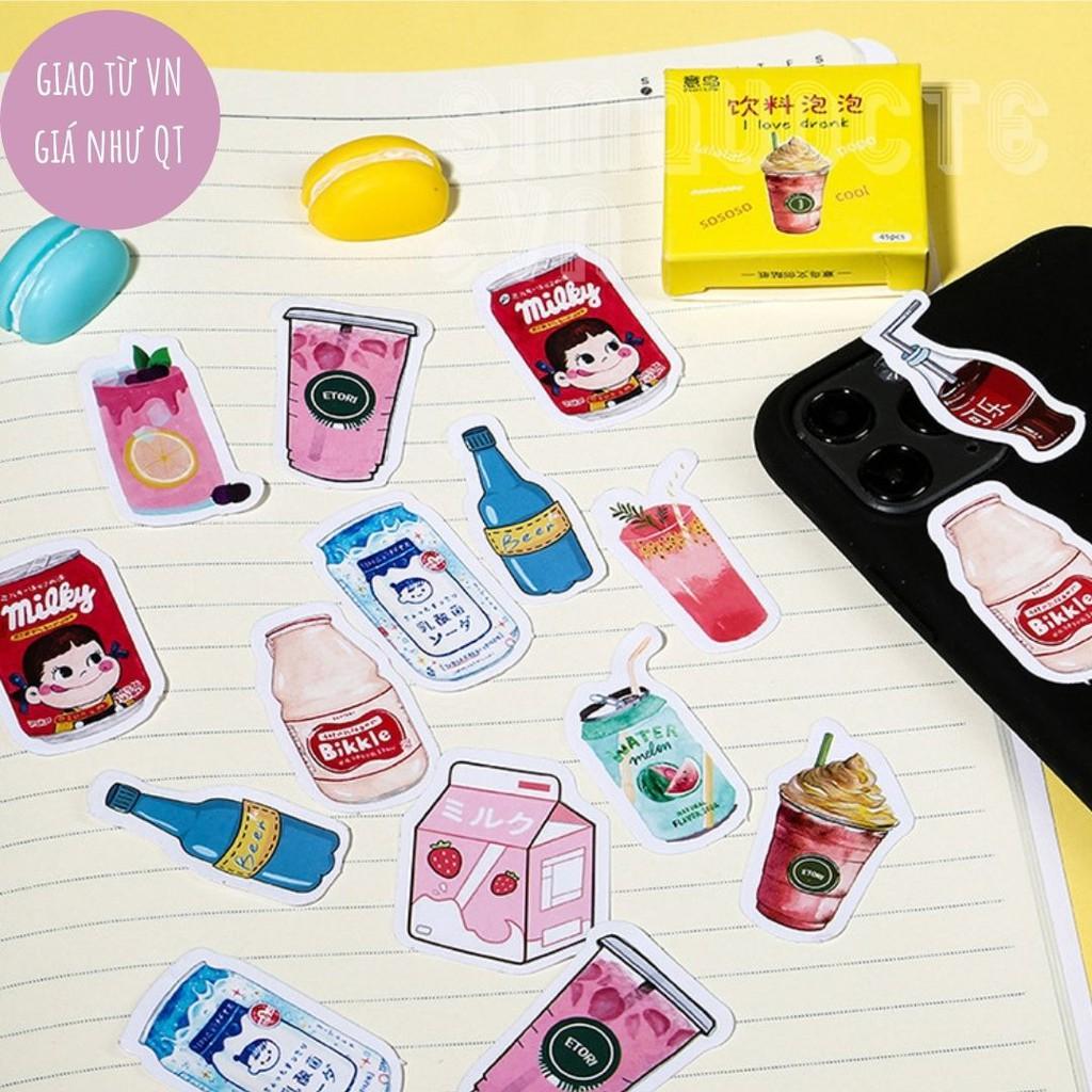 Hộp 45 sticker nhãn dán đáng yêu trang trí điện thoại vật dụng học tập gia đình Drink Bubble Box Sticker ST129