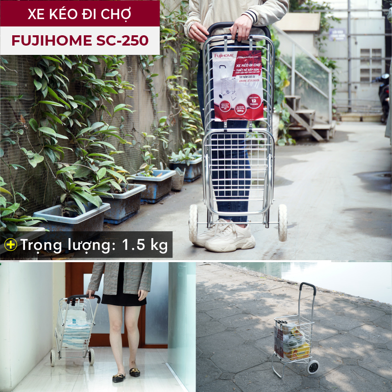 Xe kéo đi chợ đa năng FUJIHOME SC-250 tải trọng 40-50kg, Có thể gấp gọn, Chất liệu hợp kim cao cấp sáng bóng độ bền cao