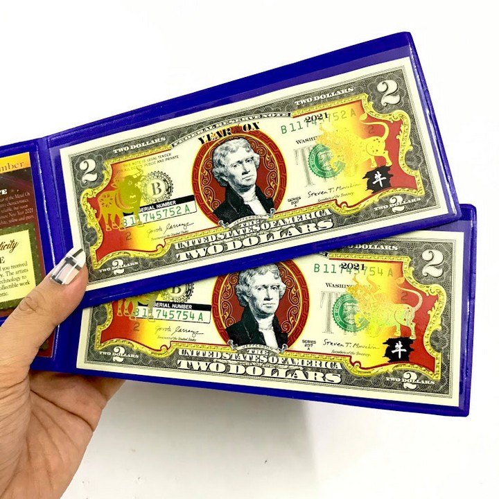 Bao Lì Xì Tiền 2 USD Hình Con Trâu 2021 in hình chú Trâu Vàng Lucky Money bao da xanh- TMT Collection - SP005054