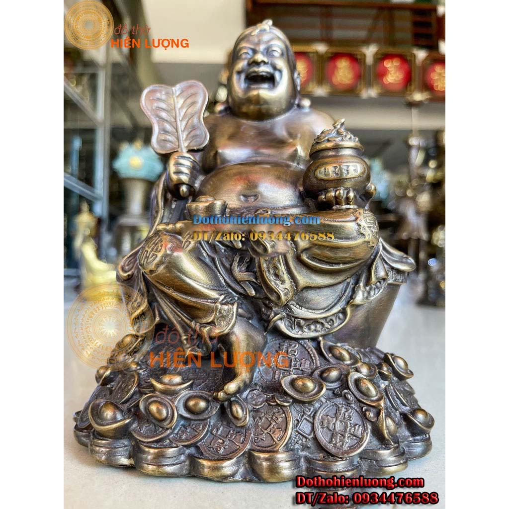 Bộ Tượng Thần Tài - Thổ Địa Ngồi Bệ Tiền Bằng Đồng Màu Nâu Giả Cổ Cao 21cm