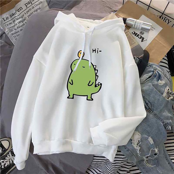 Áo Hoodie Nam Nữ Có Mũ In Hình Khủng Long Chất Liệu Nỉ Bông Cao Cấp -Trắng