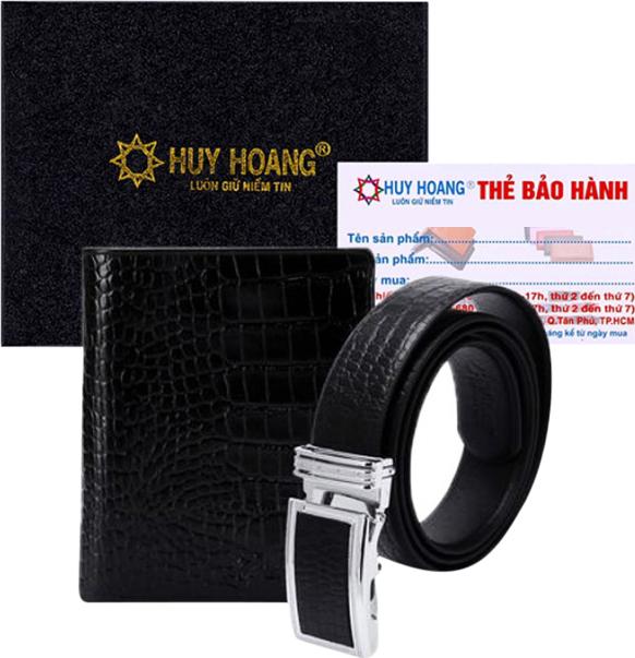 Bộ Ví & Thắt Lưng Nam Vân Cá Sấu Huy Hoàng HT2120-HT4114 - Đen