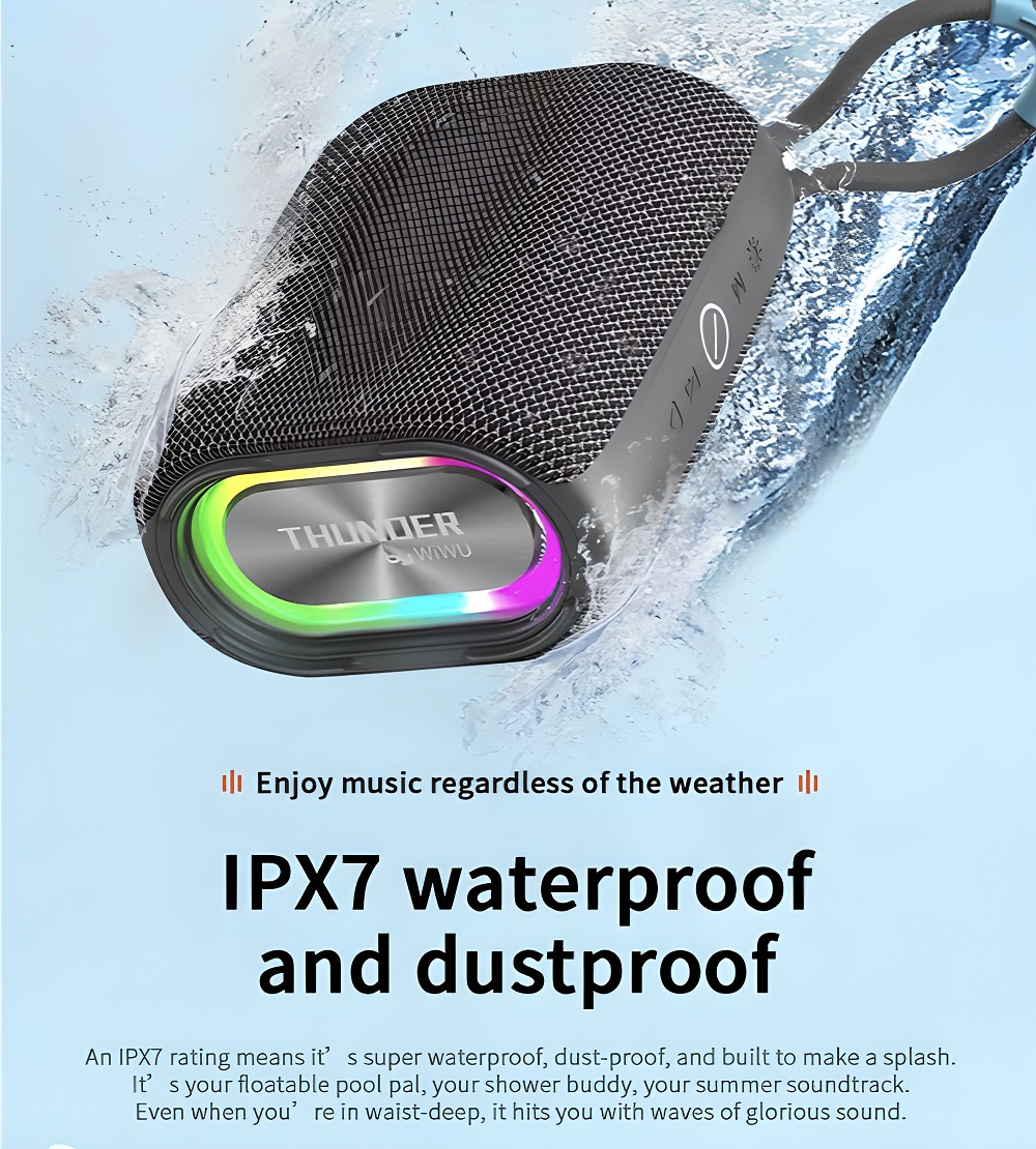 Loa di động thể thao bluetooth chống nước chuẩn IPx7 hiệu WIWU Thunder P26 trang bị đèn LED đổi màu, công nghệ Bluetooth 5.0, Nghe đài radio FM, thẻ SD, có jack âm thanh AUX 3.5mm, thời gian nghe nhạc lên đến 6h - hàng nhập khẩu