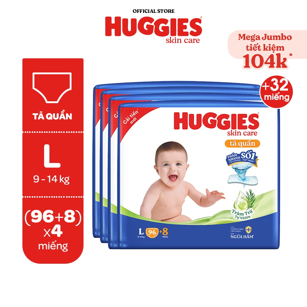 Combo 4 Tã/bỉm quần Huggies Skin Care Mega Jumbo M106/L96+8/ XL84+4/XXL76+4 với tràm trà dịu da