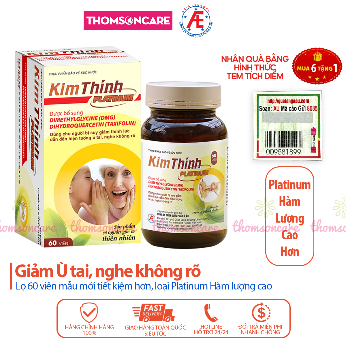 Kim thính Platinum Hàm lượng cao lọ 60v hiệu quả tốt hơn, giảm ù tai, tăng thính lực - Thomsoncare