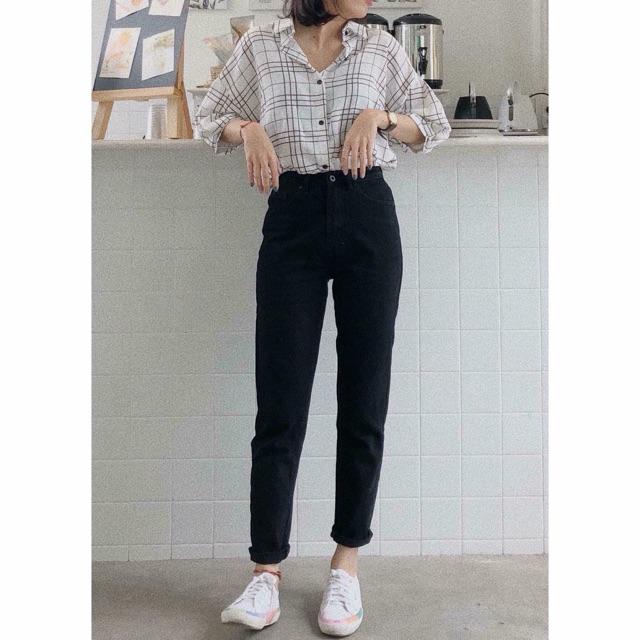 Quần baggy đen jeans trơn ko co giãn- hình thật shop tự chụp