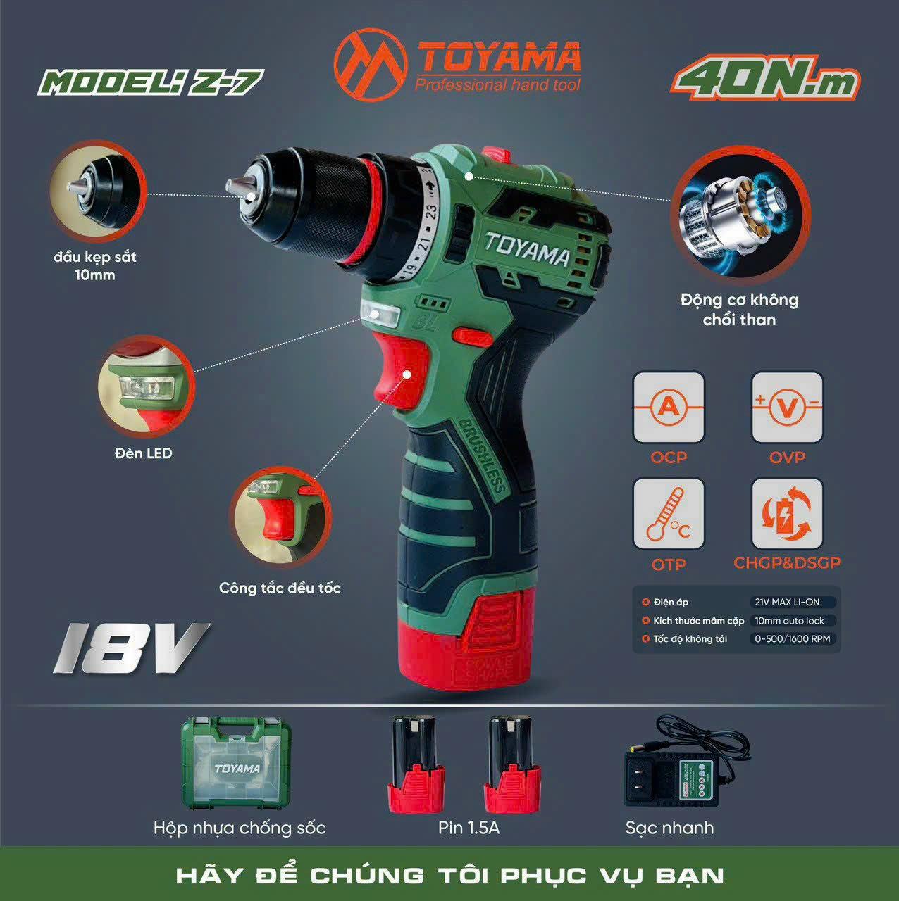 MÁY KHOAN DÙNG PIN 18V 10MM TOYAMA Z-7 - HÀNG CHÍNH HÃNG