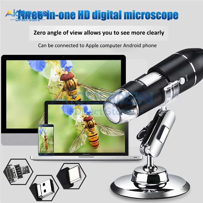 Bản Nâng Cấp - Kính Hiển Vi Điện Tử Cầm Tay Zoom 1000x 8 Đèn Led 3 Trong 1 USB/TypeC/Micro USB Camera Nội Soi HD. 3 In 1 New Portable HD 1000X 2MP Zoom Microscope 8 LED Micro USB Type-c Digital Handheld Magnifier Endoscope Camera