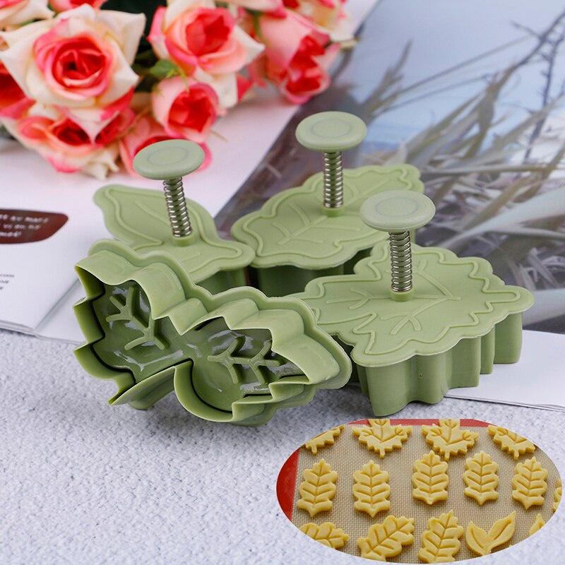 4 Pcs/set Leaf Shape Biscuit Mold DIY Hand Pressure Fondant Cake Mould Plastic Cookie Cutters Set Spring Plunger Baking Tool