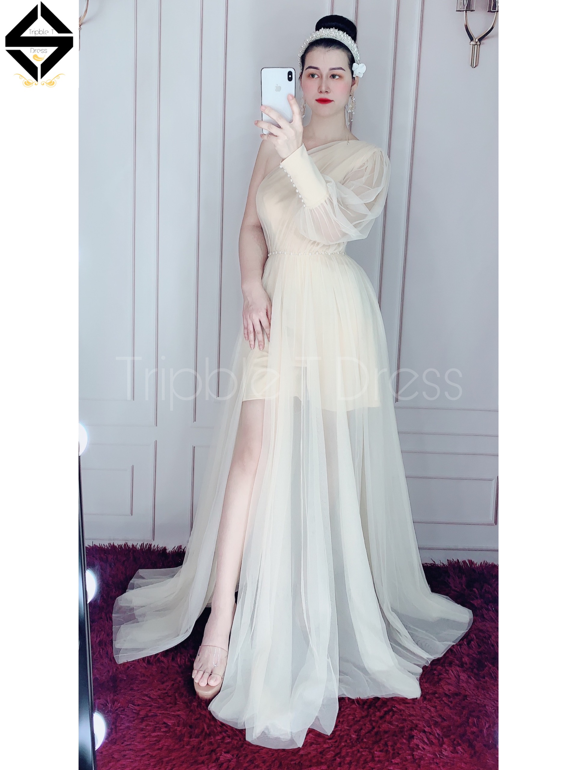 Đầm maxi dự tiệc lệch vai tay dài kết ngọc TRIPBLE T DRESS - size M/L - MS132V