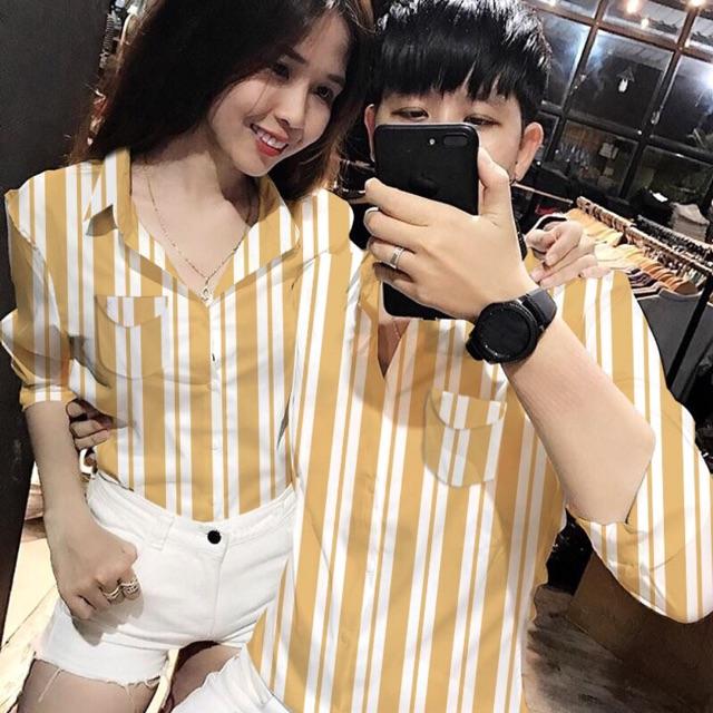 Áo sơ mi cặp sọc đứng trắng phối màu đẹp cao cấp