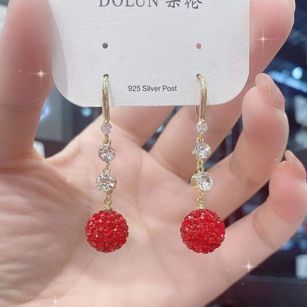 Khuyên tai dáng dài quả mâm xôi đỏ