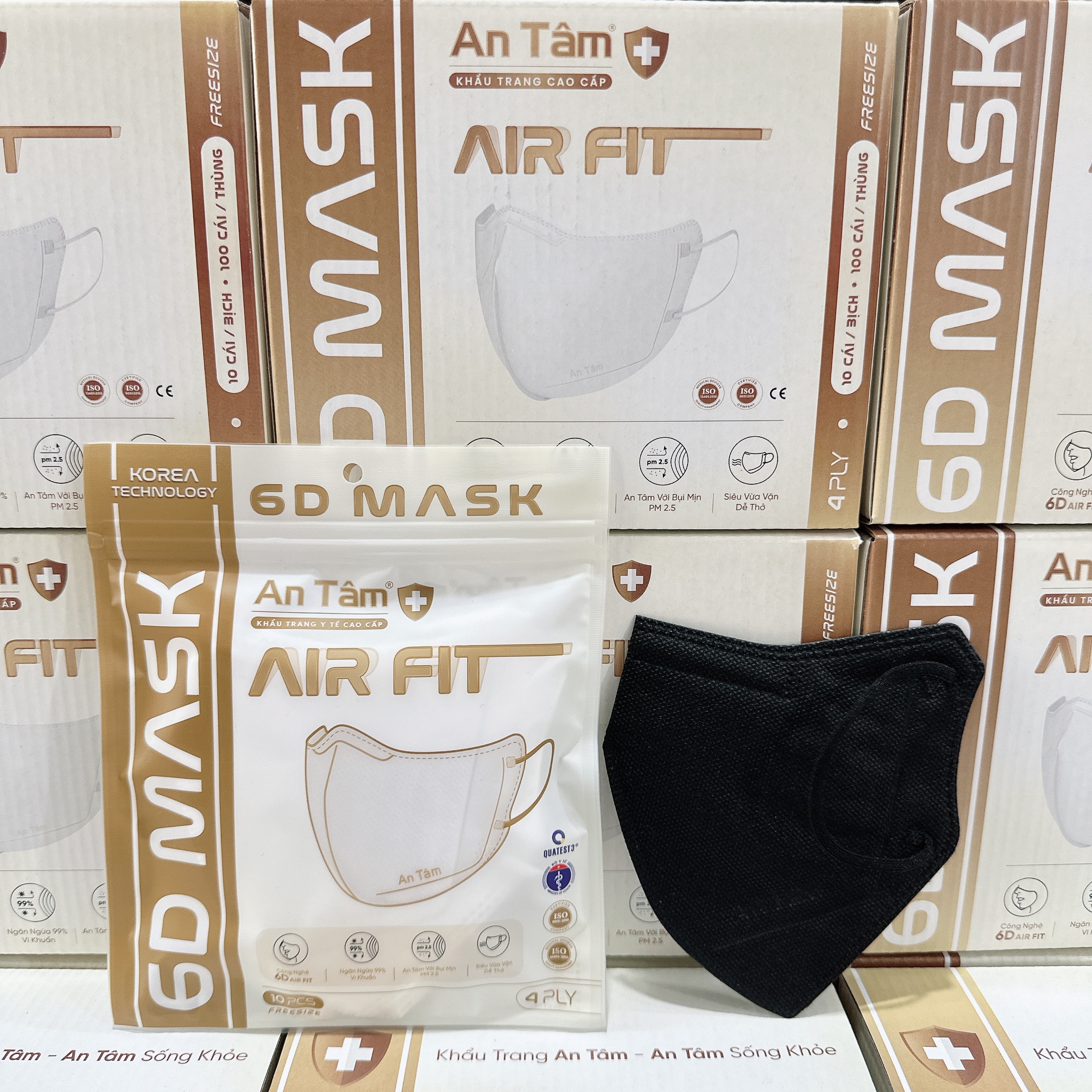 [100 Cái 6D ] Thùng/Combo Khẩu Trang Y Tế Kháng Khuẩn 6D An Tâm - 10 Túi/100 Cái