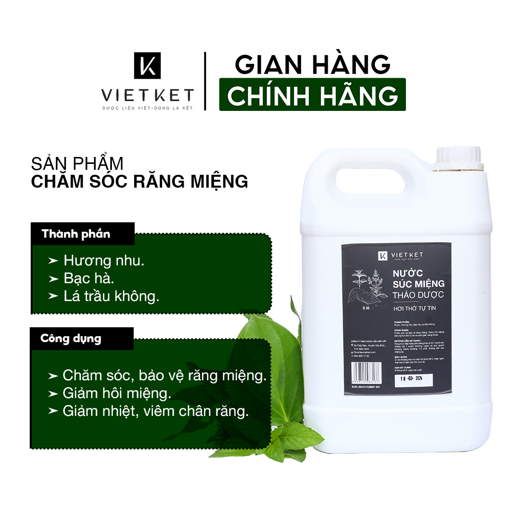 Nước Súc Miệng Thảo Dược VIETKET 5l,  Hơi thở thơm mát, sạch họng, giảm viêm nhiễm chân răng