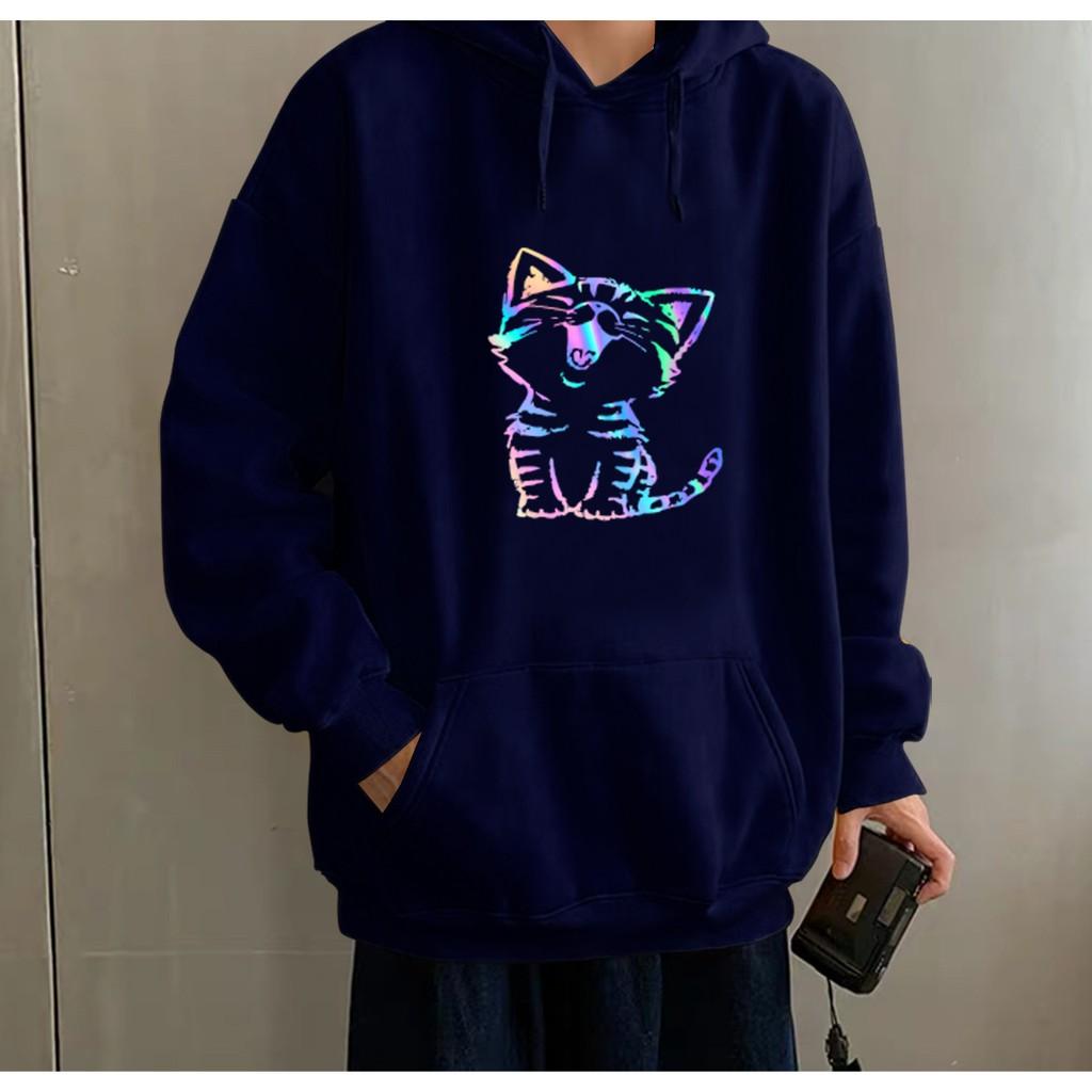Áo hoodie Unisex dạ quang - Áo khoác nỉ phản quang họa tiết mèo cười in cao cấp