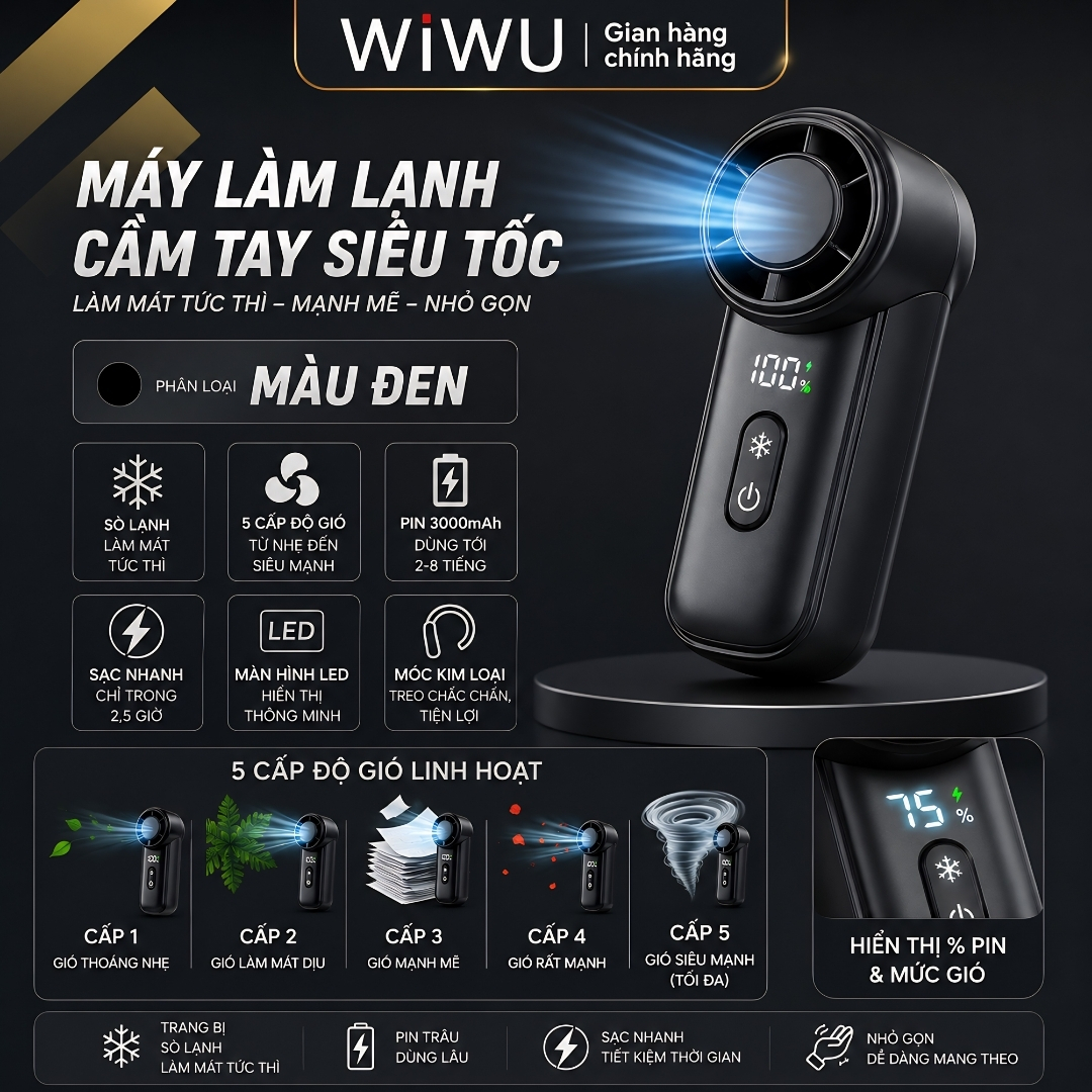 Quạt Cầm Tay Sò Lạnh TurboForce siêu tốc 5 Cấp Độ Gió, Peltier Làm Mát, Pin 3000mAh, Màn Hình LED WIWU FS-018 Pin sạc - Làm mát tức thì – Gió siêu mạnh – Nhỏ gọn tiện mang theo - Hàng nhập khẩu