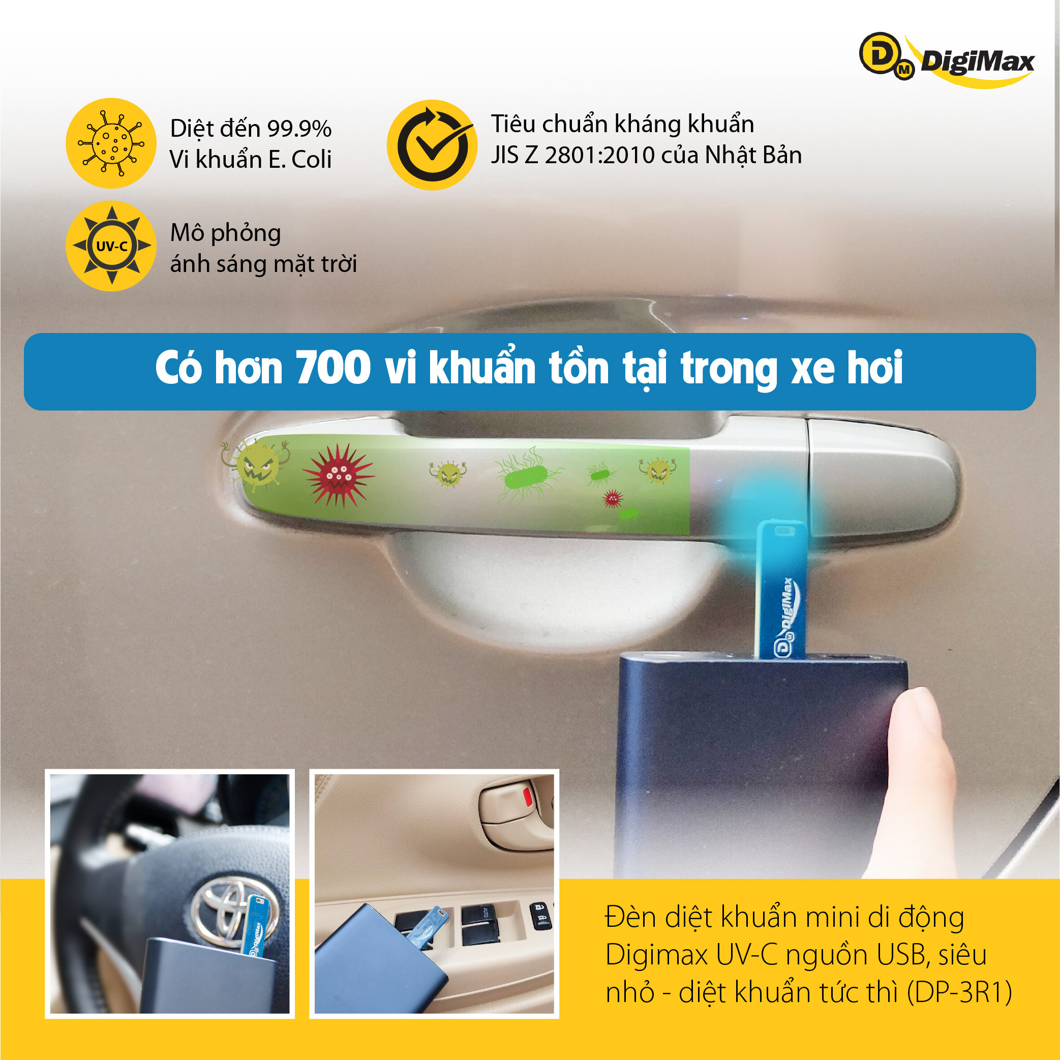 Đèn diệt khuẩn mini di động Digimax UV-C nguồn USB, siêu nhỏ - diệt khuẩn tức thì