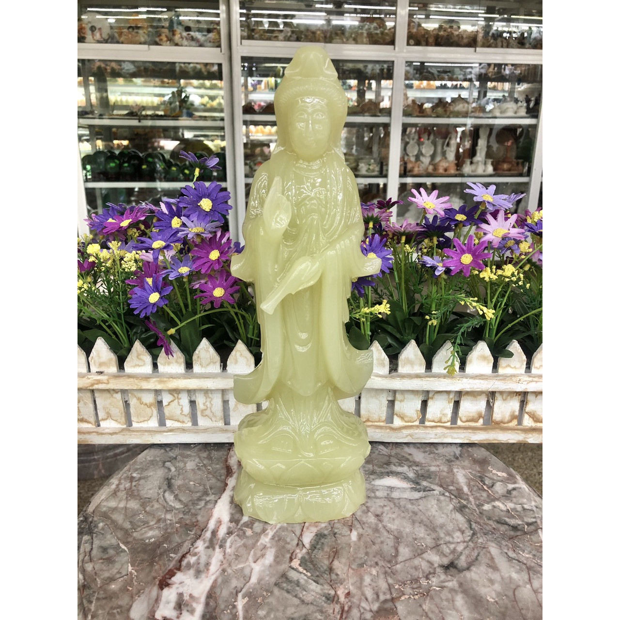 Tượng Phật Bà Quan Thế Âm Bồ Tát đứng đài sen cầu bình an đá ngọc Onyx - Cao 30 cm
