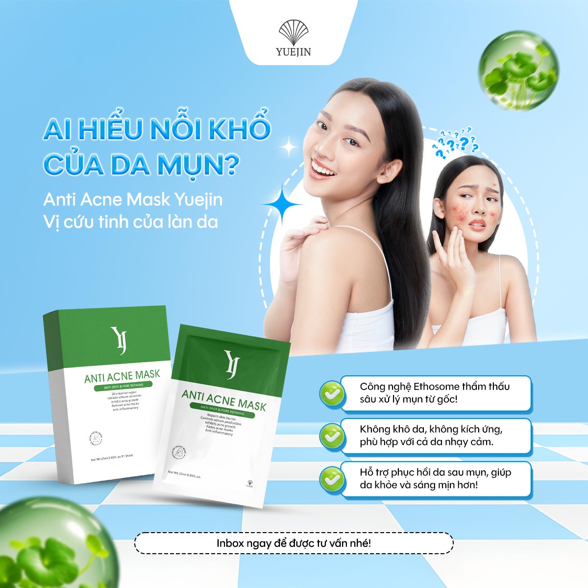 [Hộp 10 Miếng] Mặt nạ giảm mụn Anti Acne Mask Yuejin, kháng viêm, giảm sưng, giảm mụn hiệu quả