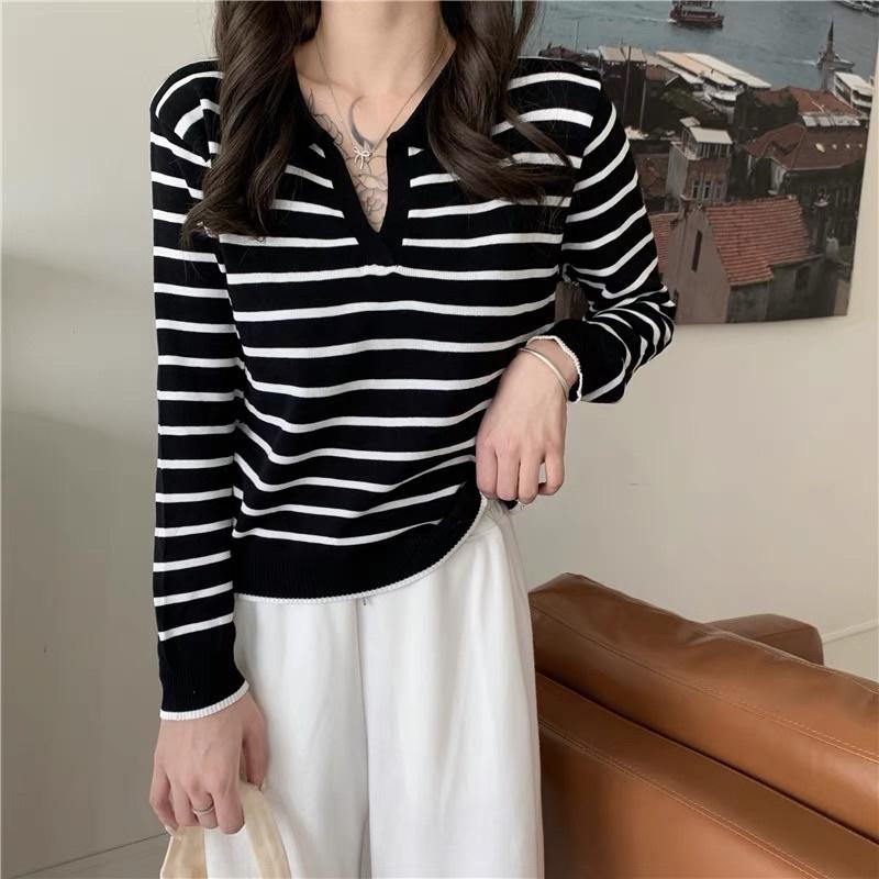 Áo len polo tay dài dệt kim kẻ sọc ngang - Áo thun len dài tay Quảng Châu