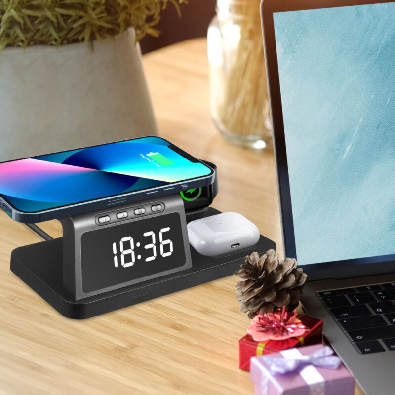 Trạm sạc không dây kiêm đồng hồ báo thức để bàn 4 in 1 HT-506 Alarm Clock Wireless Charger