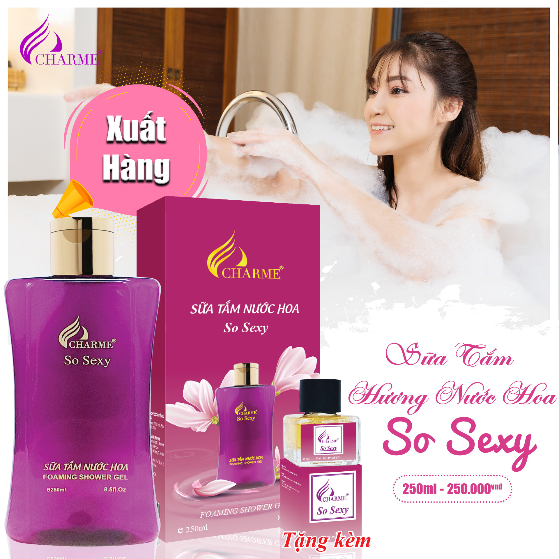 Sữa tắm nước hoa, Charme So Sexy, dòng sữa tắm trắng da, dưỡng ẩm toàn thân, dưỡng da trắng sáng, 250ml
