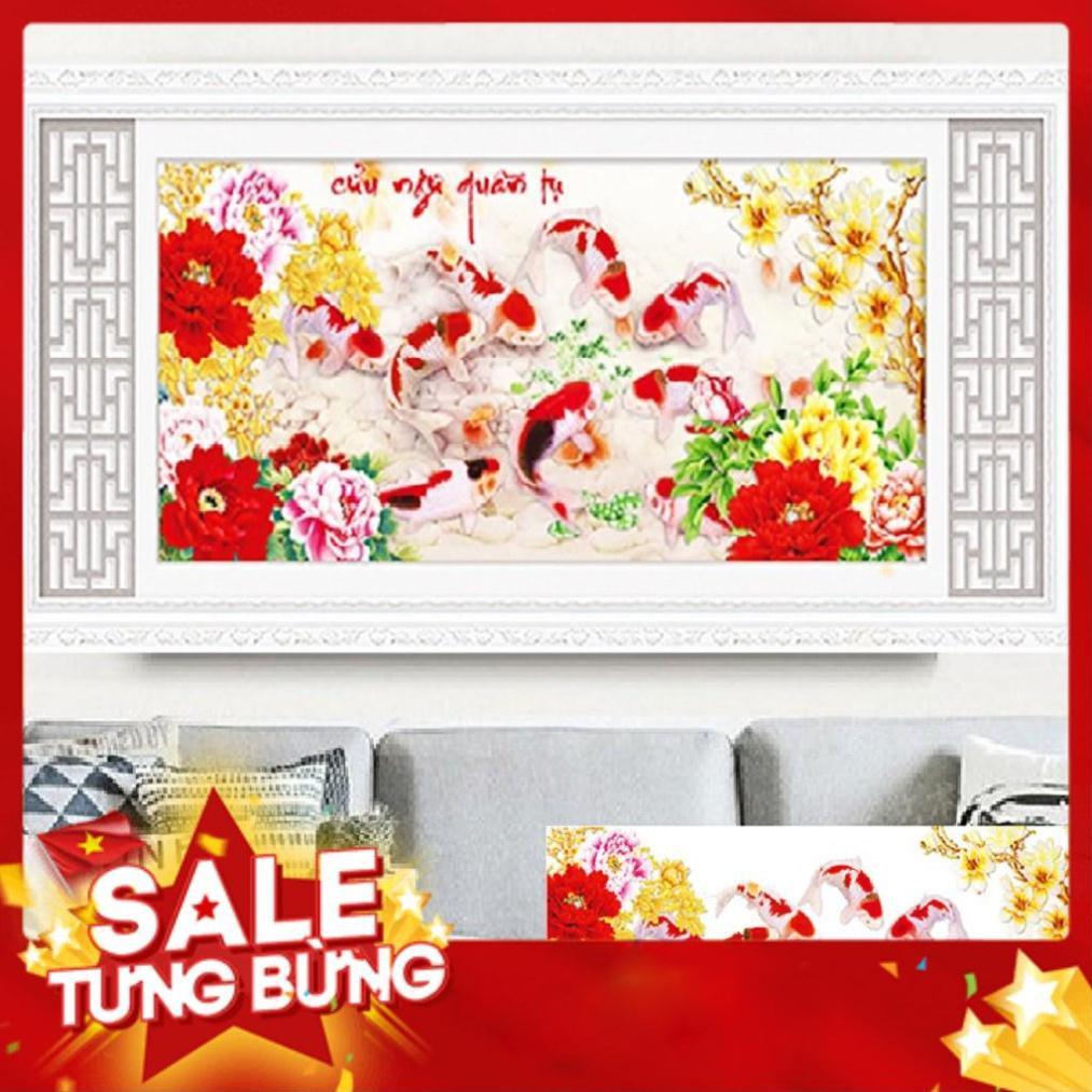 TRANH THÊU CHỮ THẬP CỬU NGƯ QUẦN HỘI TRANH CHƯA ĐÍNH LV3127