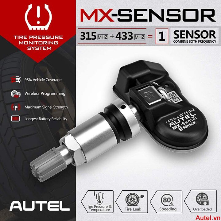 AUTEL MX SENSOR Van kim loại- Cảm biến áp suất lốp trắng, chưa có dữ liệu tích hợp 2 tần số 315MHz, 433MHz - Cảm biến áp suất lốp Autel phiên bản Quốc tế, nhãn Tiếng Anh, dùng được cho hơn 80 hãng xe ô tô khắp thế giới