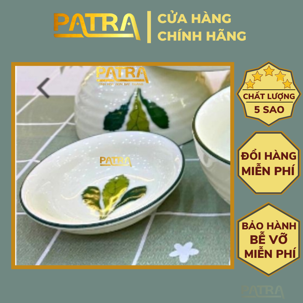 Đĩa đựng gia vị, bát mắm sứ Bát Tràng cao cấp men kem họa tiết ngò gai