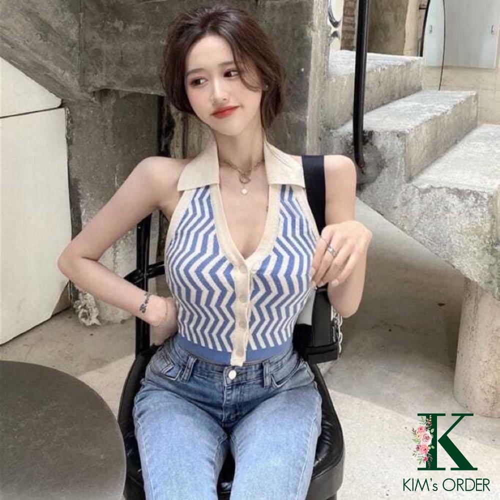 Áo sát nách nữ cổ chữ V hở lưng chất liệu len mongtoghi phong cách Hàn Quốc sang chảnh tiểu thư