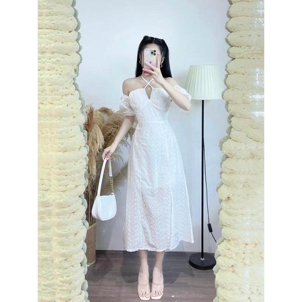 Đầm midi rớt vai cup ngực khoét dây cổ yếm